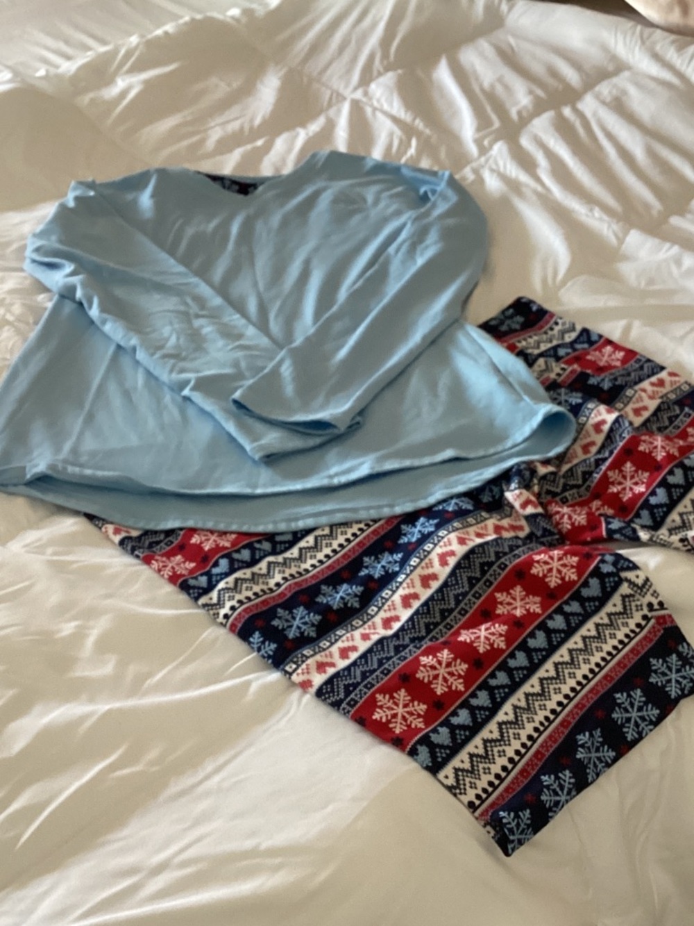 Climate Right by Cuddl Duds Light Blue Top with Red, Navy & White Festive Pants